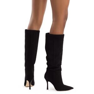 Larroude Kate Suede Leather Heeled Boots Pointed Toe Pull On Black Size 7.5